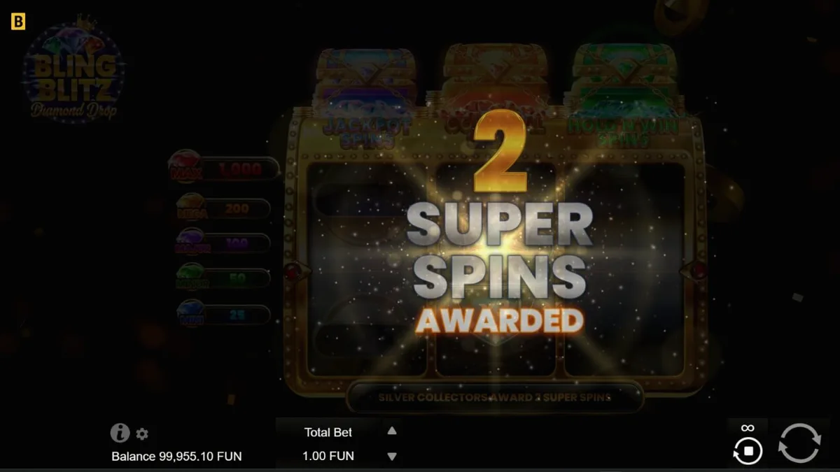Tampilan visual mewah slot Bling Blitz Diamond Drop dengan simbol berlian dan emas.