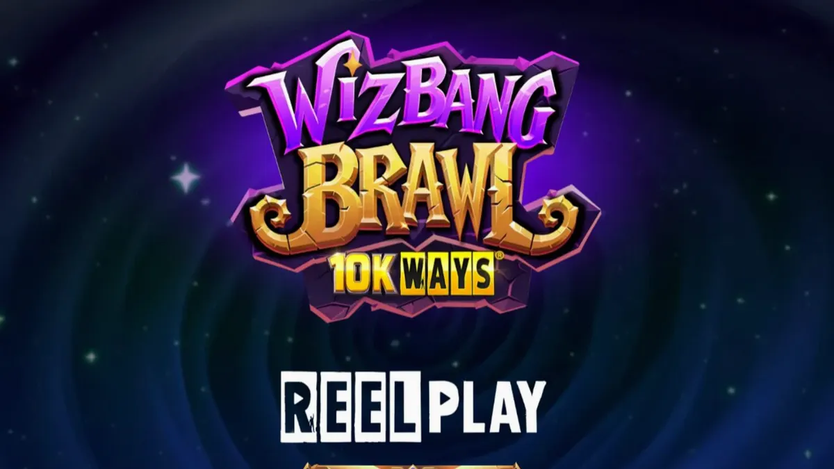 Wizbang Brawl 10K Ways slot game interface featuring wizard characters and magical duel theme