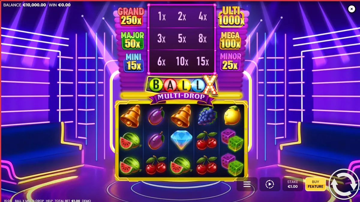 Tampilan visual slot Ball X Multi-Drop dengan simbol buah dan neon