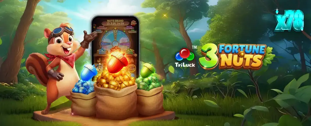 Tampilan visual slot 3 Fortune Nuts dengan tema hutan musim gugur dan karakter tupai.