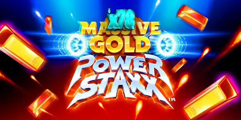 Tampilan visual futuristik dari slot Massive Gold Power Staxx dengan simbol emas dan latar belakang galaksi.